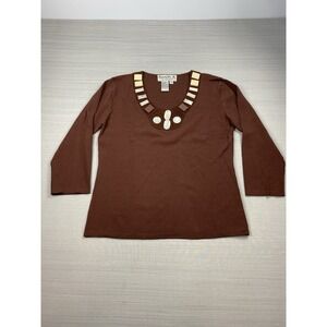 Joseph A. Womens Brown 3/4 Sleeve Embellished Knitted Pullover Blouse Top Size M